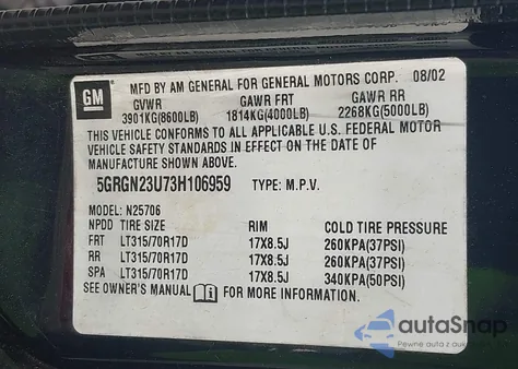 2003 Hummer H2 from USA, damaged, VIN 5GRGN23U73H106959